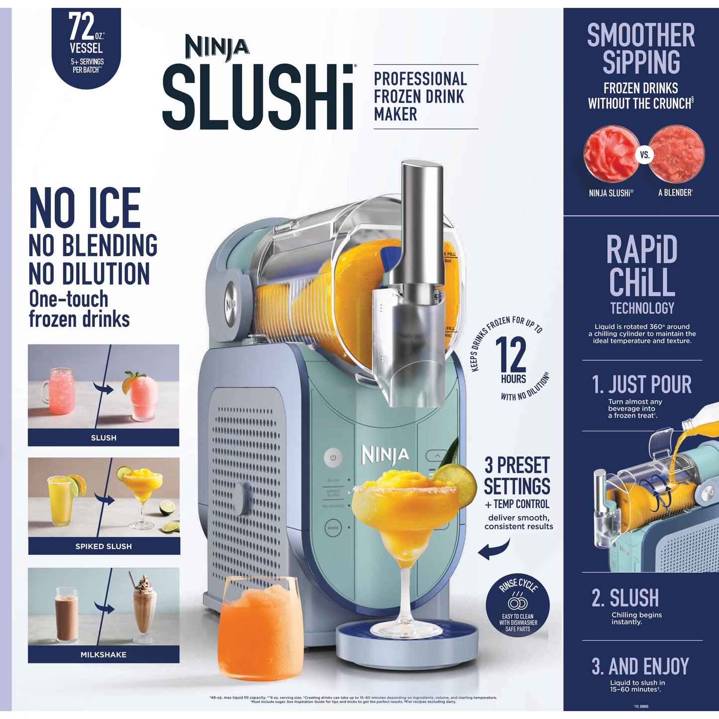 Ninja SLUSHi 72-Oz Frozen Drink Machine with RapidChill Technology, 3 Presets, Dishwasher Safe, Slushy Maker, FS300BL Blue